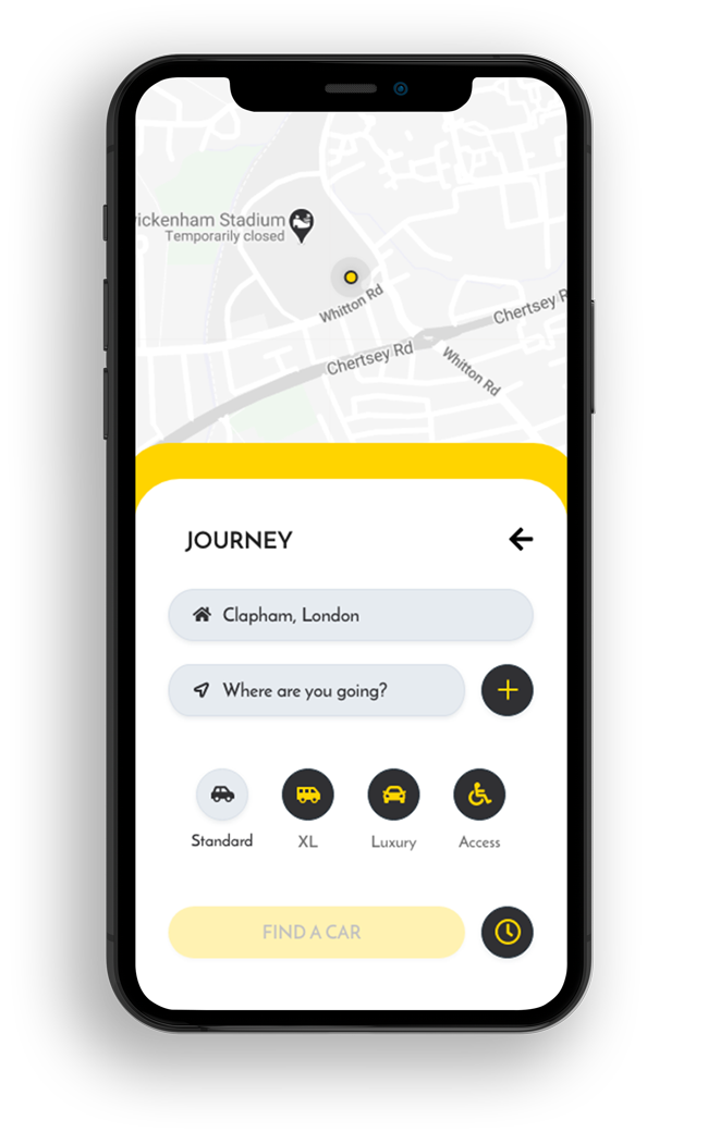 Booking a journey in the Holler app: choose Standard, XL, Luxury or Access