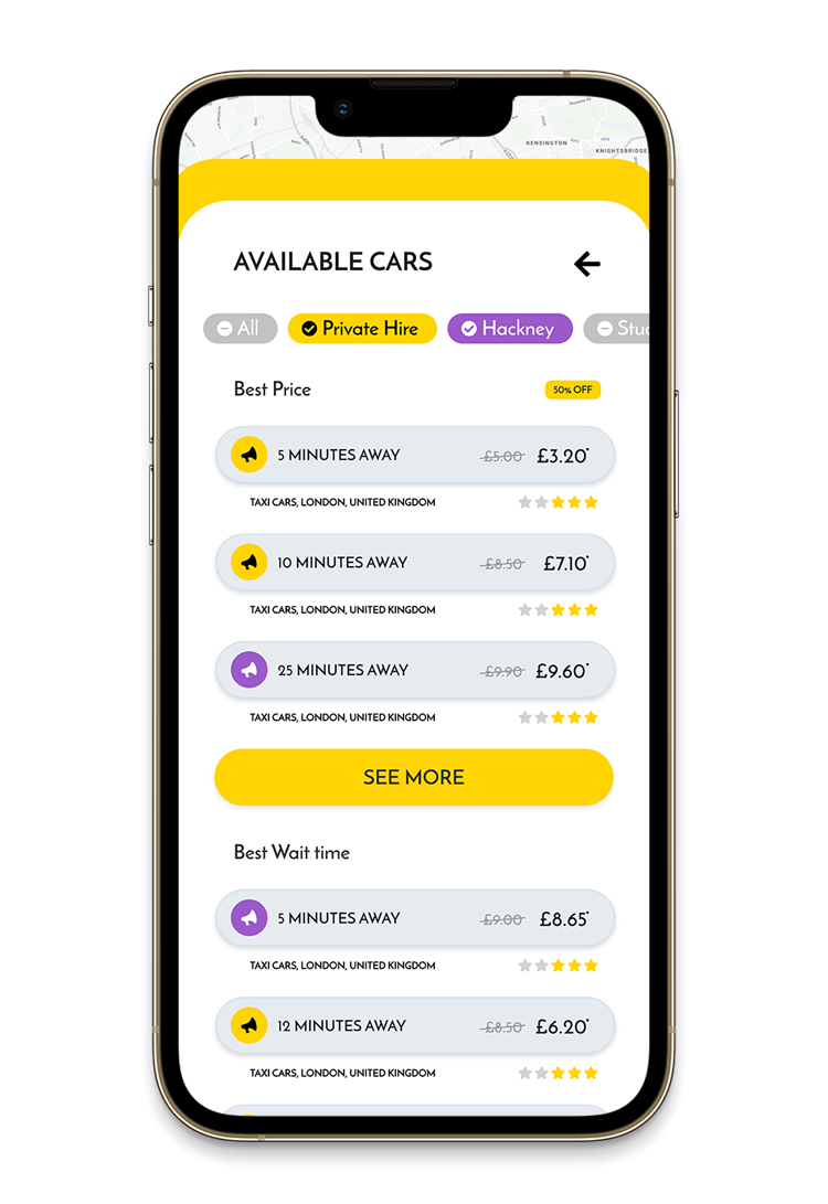 Journey results in the Holler app, comparing local firms by price and arrival time